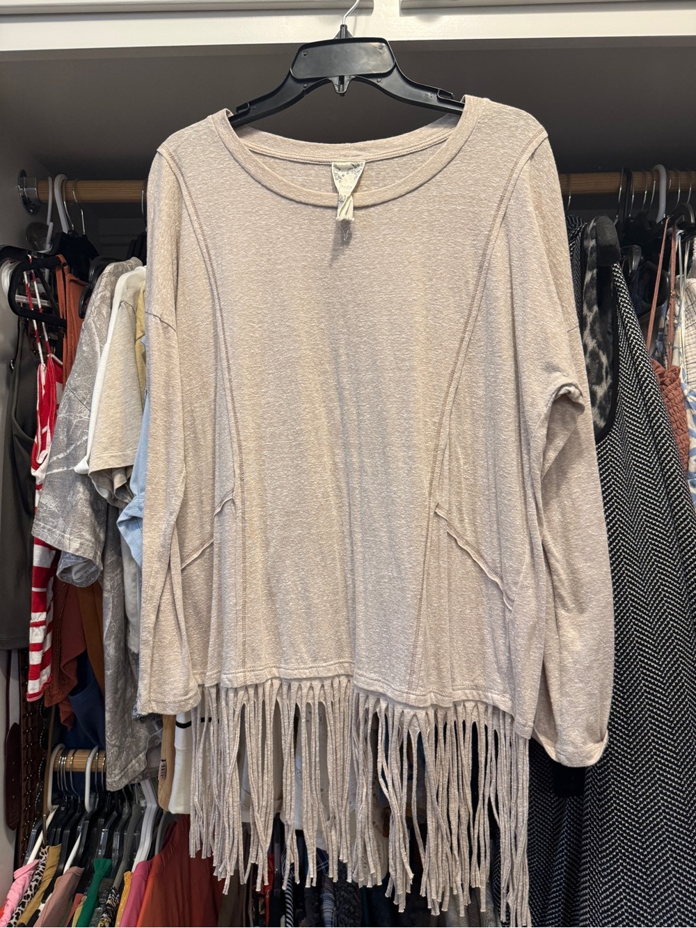Blu Pepper Beige Fringe Hem Scoop Neck Top